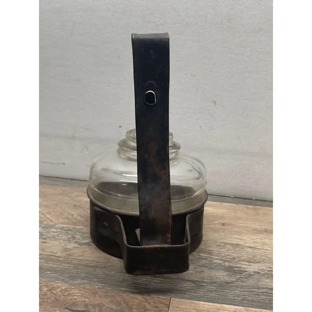 Vintage 1920's Metal‎ Wall Mount Miner Oil Lamp Holder & Glass Oil Lamp Base
